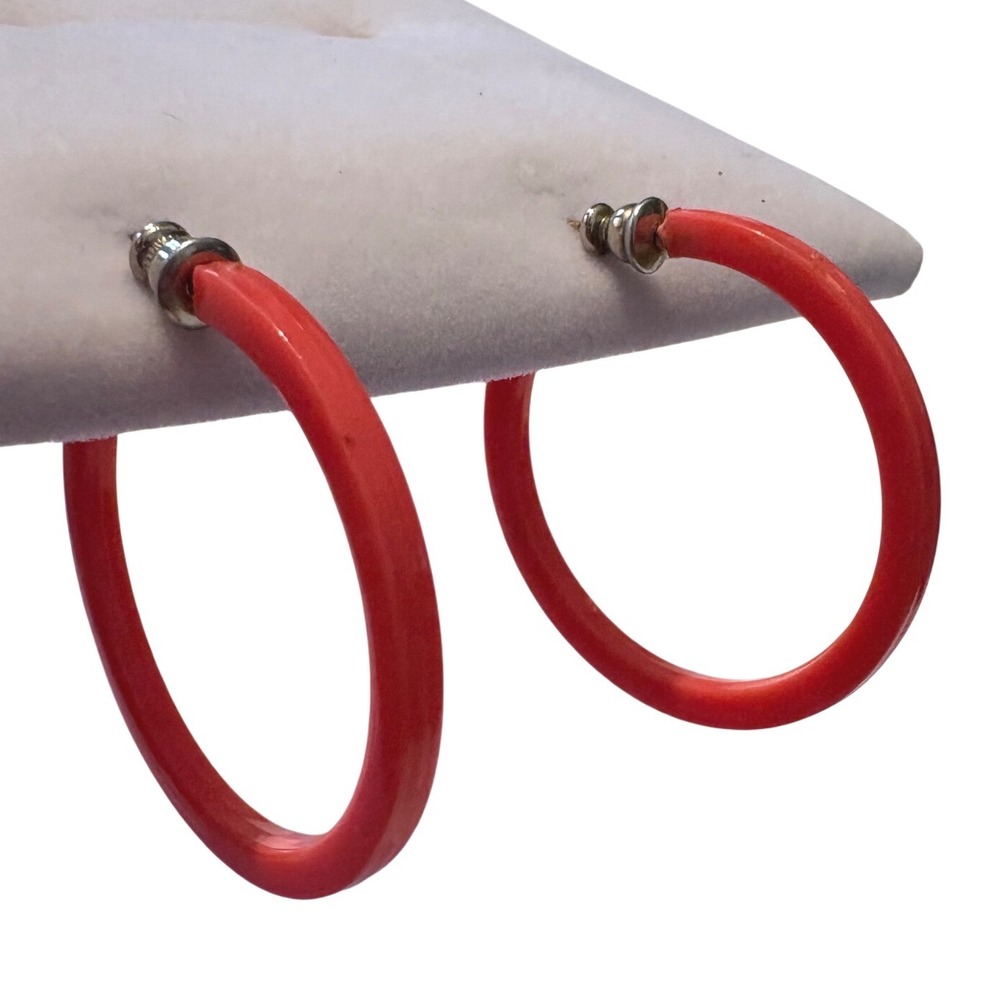 1970s Orange Plastic Hoop Earrings Silver Tone Post Back 1.25 Inch Round Glossy - Picture 1 of 10